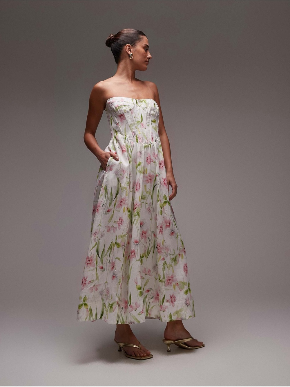 Bardot corset midi dress in summer white floral